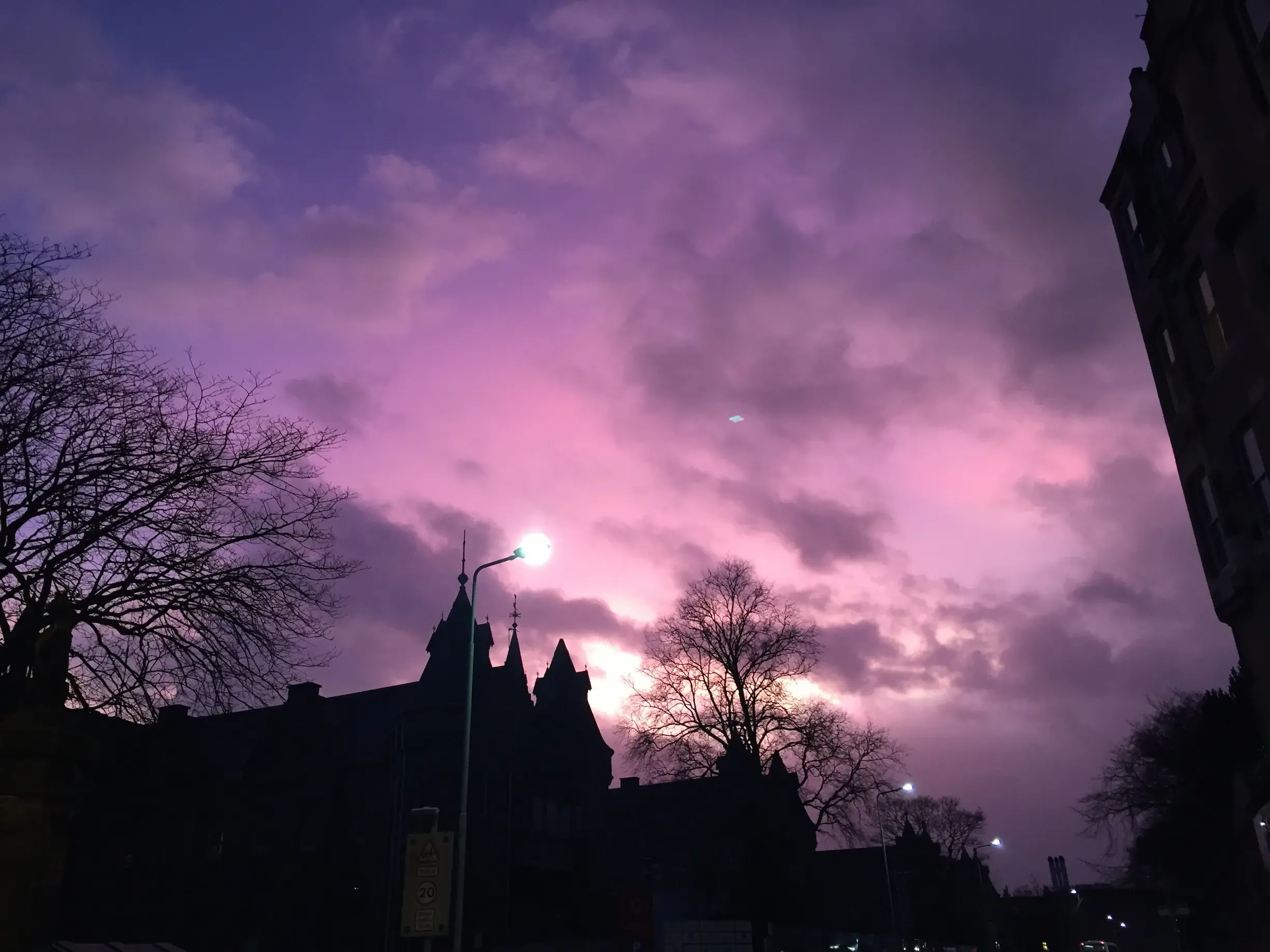 Real-life muted cyberpunk purple sky in Edinburgh.