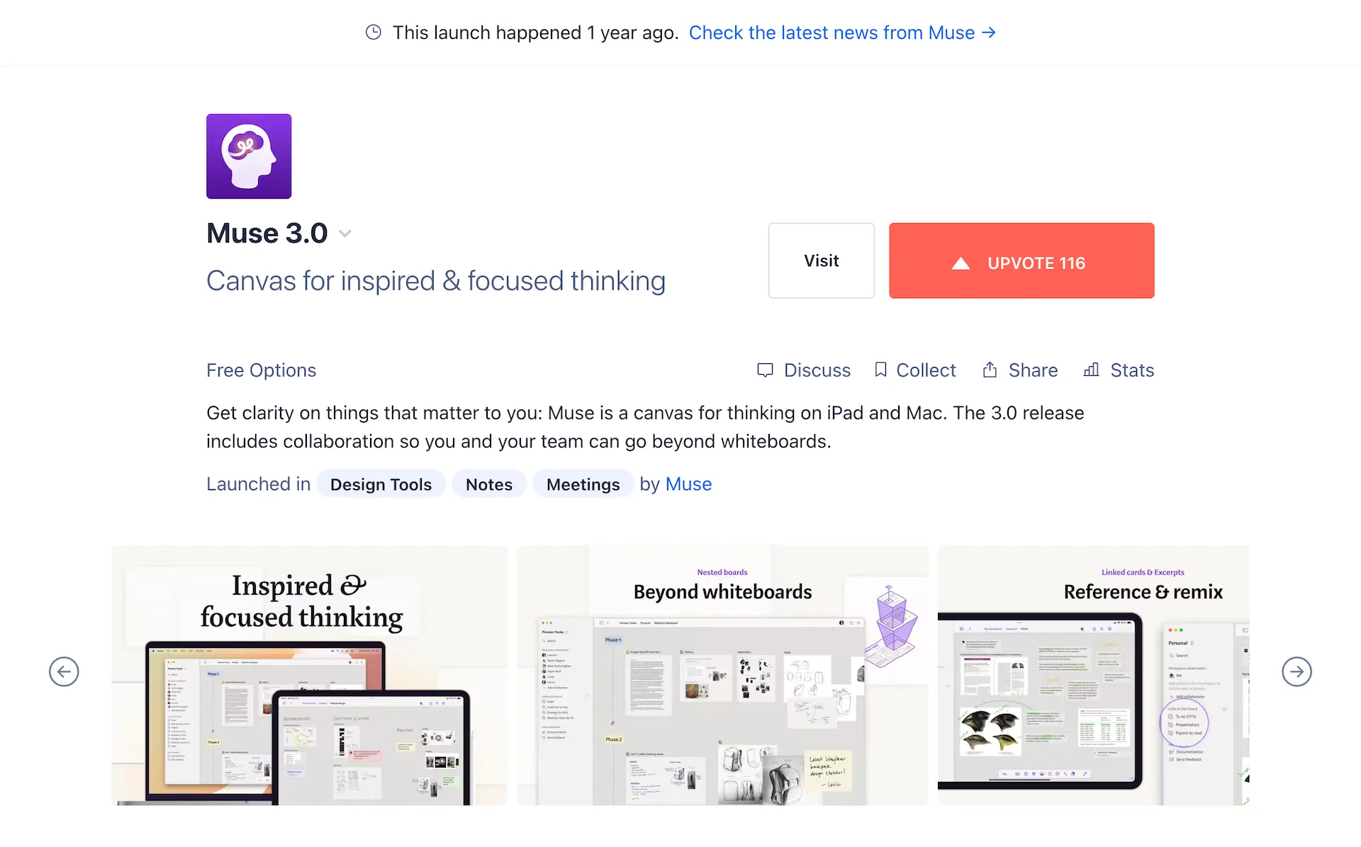 Muse 3.0 launch page on Product Hunt.