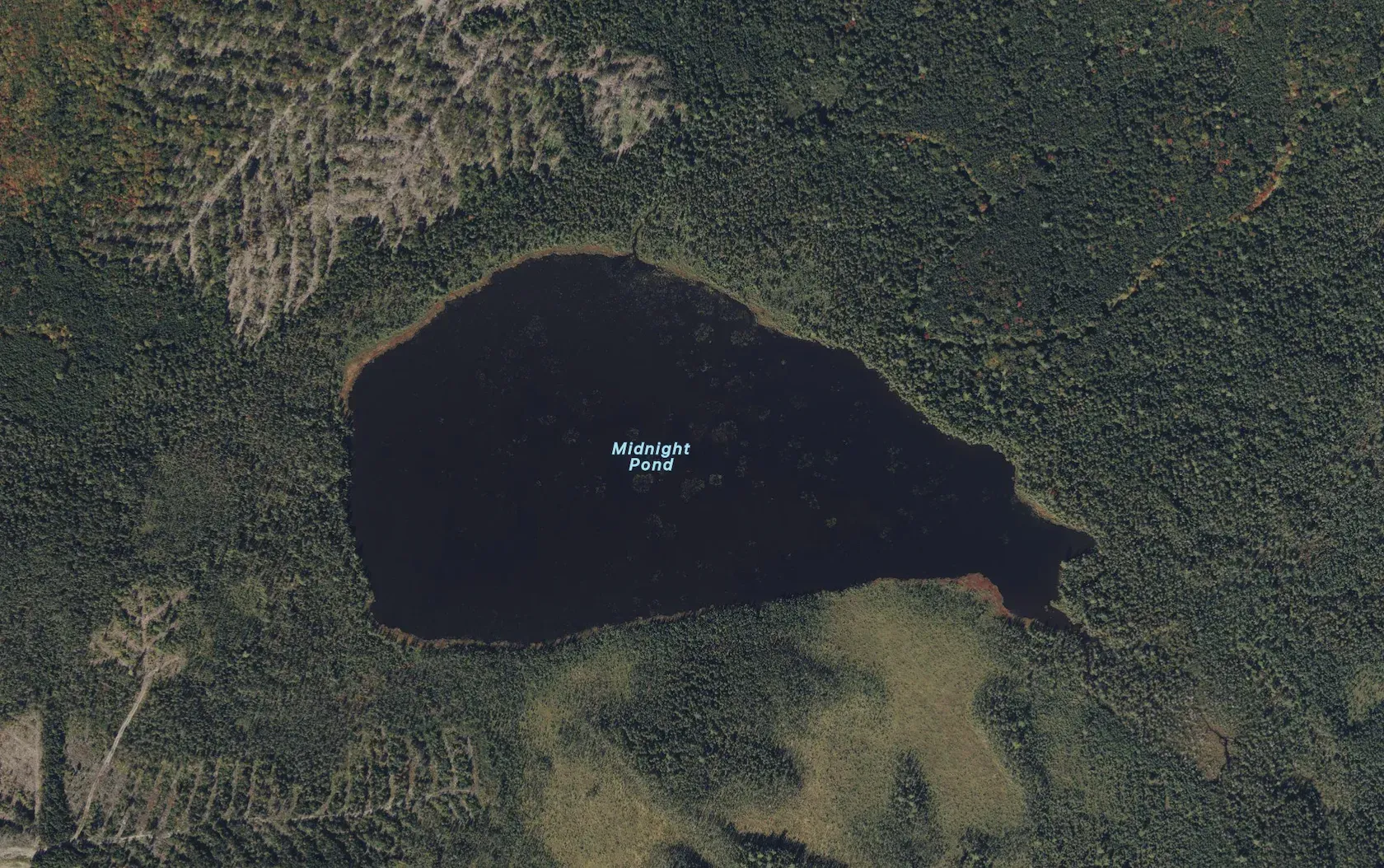 Satellite view of Lake Midnight Pond in Northwest Piscataquis, ME, USA.