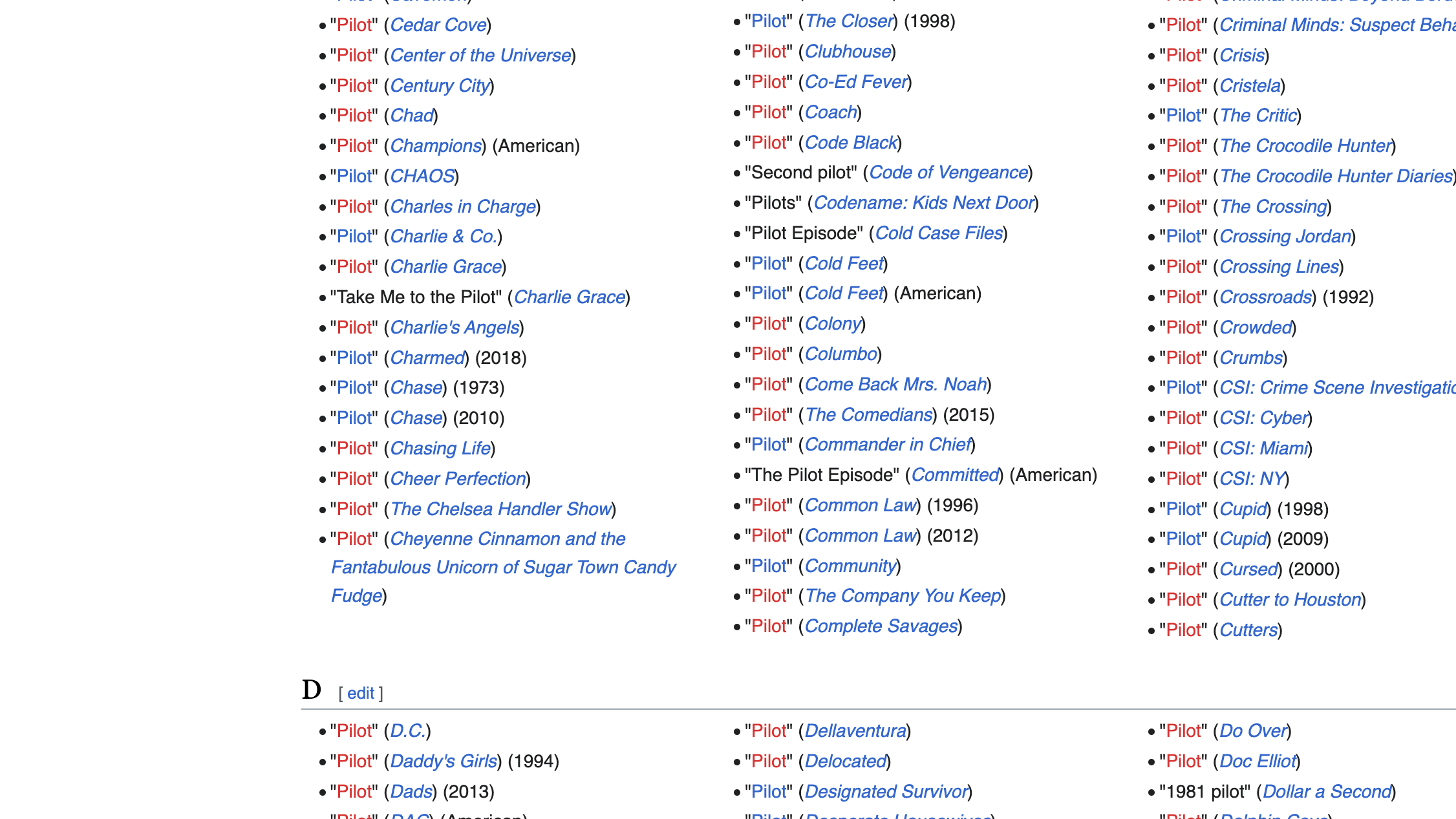 Screenshot of episodes titled 'Pilot' in Wikipedia.